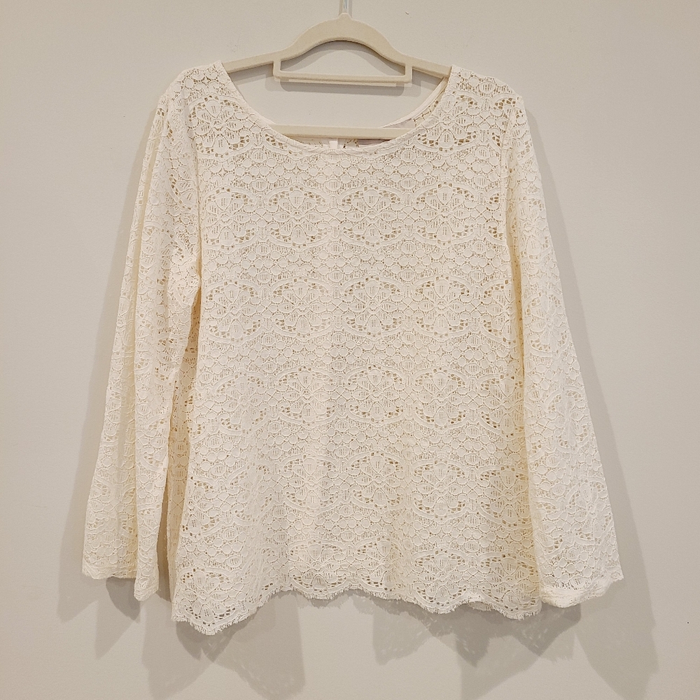 Loft Cream Lace Gold Button Back Scalloped Trim Blouse